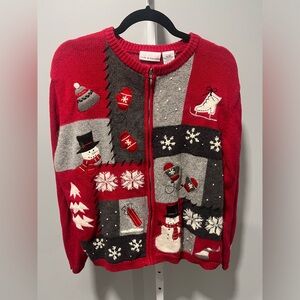 Vintage Croft & Barrow Vintage Ugly Christmas Sweater Patchwork Zip Up Size XL